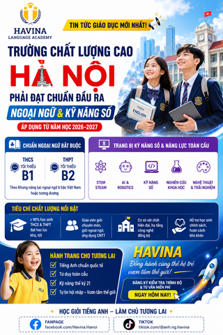 TRƯỜNG CHẤT LƯỢNG CAO HÀ NỘI: HỌC SINH PHẢI ĐẠT CHUẨN NGOẠI NGỮ B1–B2 & KỸ NĂNG SỐ TỪ NĂM HỌC 2026–2027