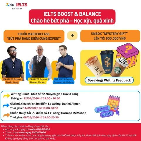 🎁 ƯU ĐÃI IELTS THÁNG 4–6/2026 TỪ IDP: NHẬN QUÀ GIÁ TRỊ & THAM GIA MASTERCLASS CÙNG CHUYÊN GIA