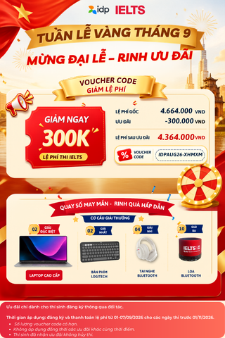 MỪNG KHAI GIẢNG 2026–2027: Đăng ký IELTS IDP qua Havina – Giảm 300.000 đồng, cơ hội trúng laptop