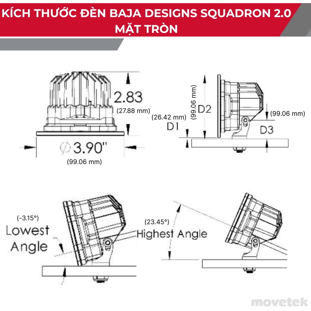 Kích thước đèn Squaddron 2.0 mặt tròn