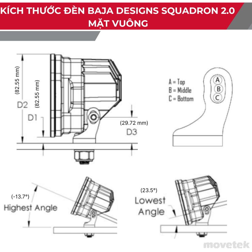 Kích thước đèn Squaddron 2.0 mặt vuông tiêu chuẩn