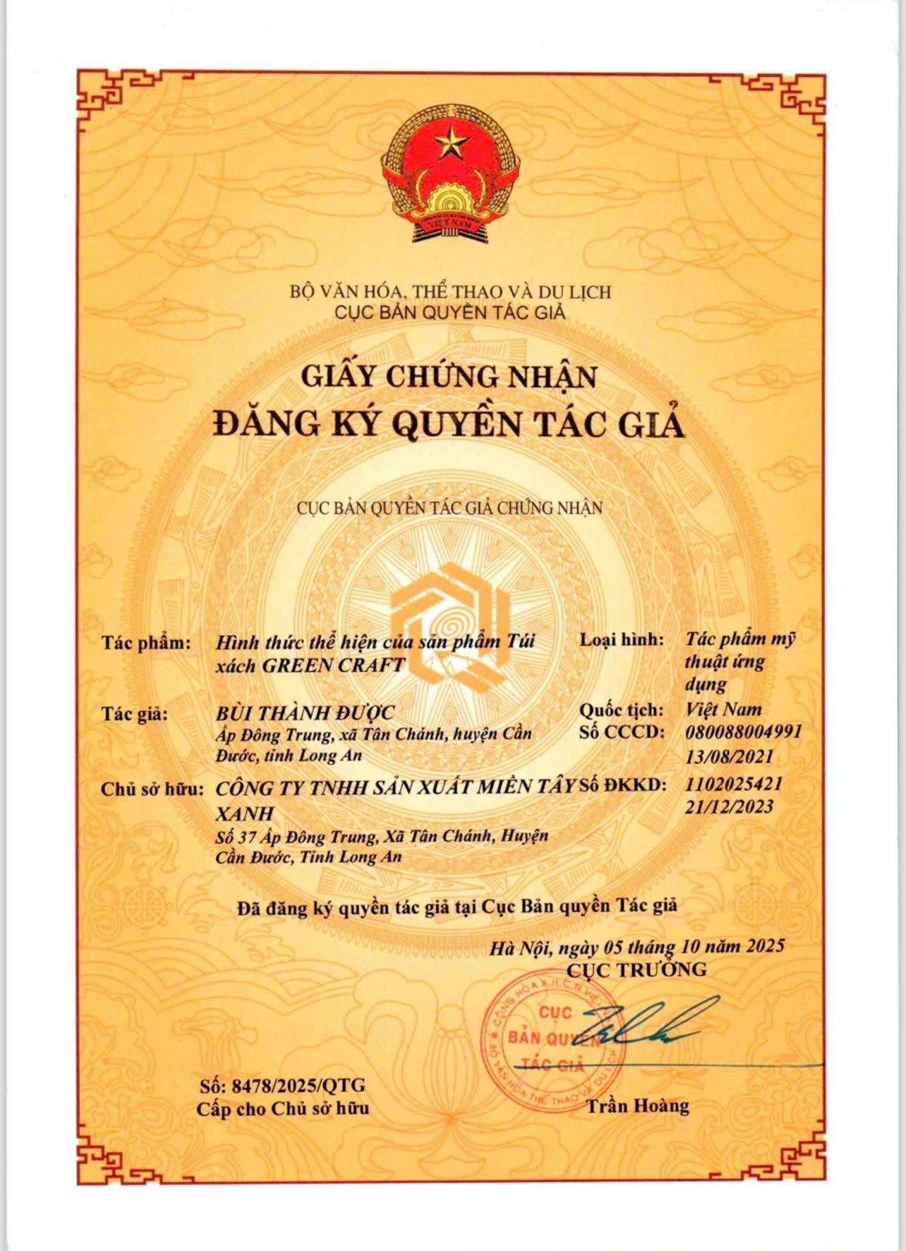 GREEN CRAFT CHÍNH THỨC ĐƯỢC CẤP GIẤY CHỨNG NHẬN QUYỀN TÁC GIẢ