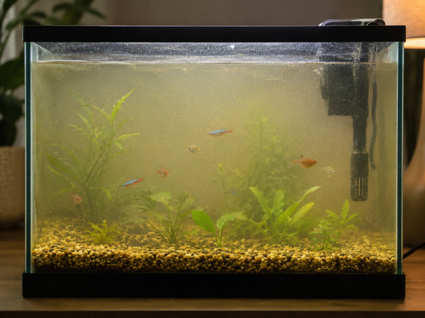 cloudy fish tank water before cleaning