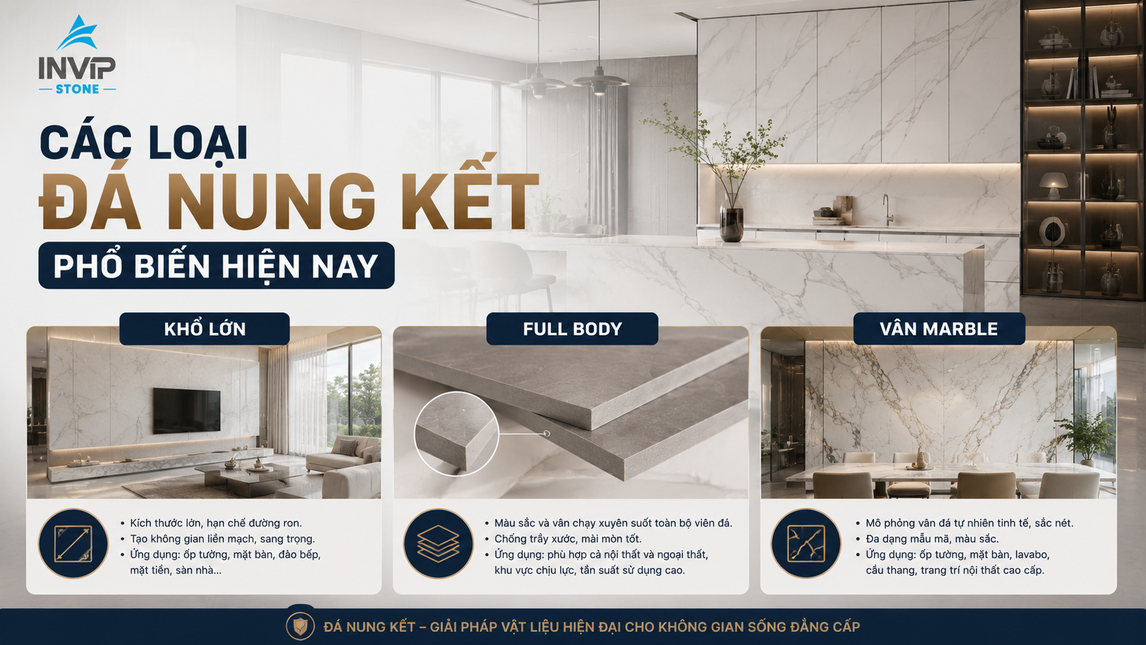 Các loại đá nung kết phổ biến hiện nay - Khổ lớn, full body, vân marble