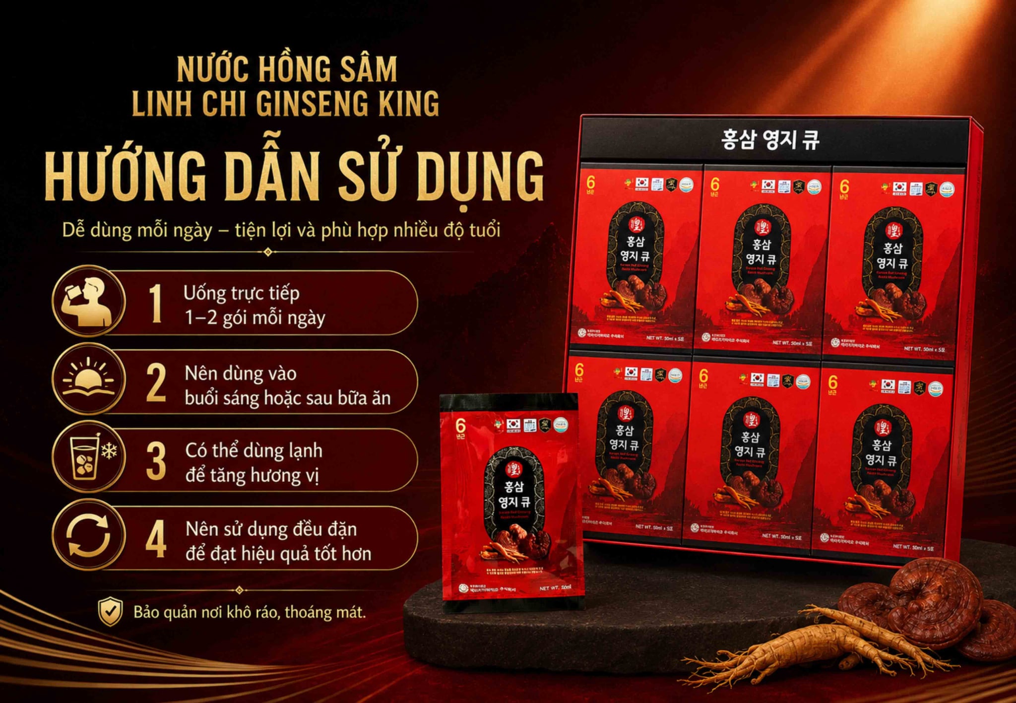 Hướng dẫn sử dụng Nước Hồng Sâm Linh Chi Ginseng King đúng cách