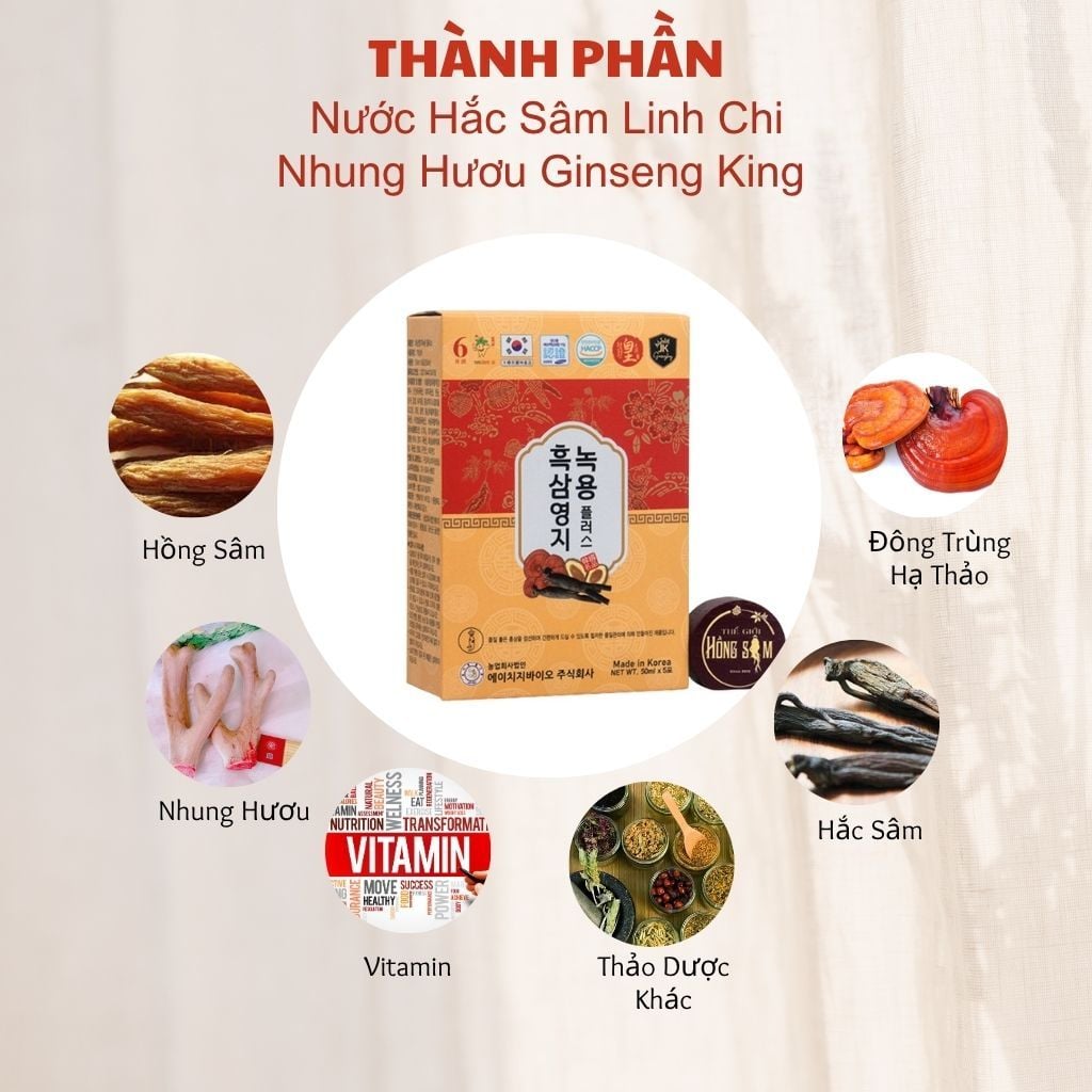 Thành phần nước Hắc Sâm Linh Chi Nhung Hươu Ginseng King