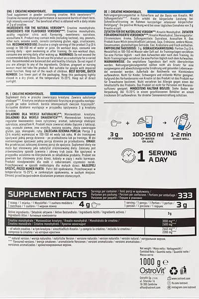 OstroVit Creatine Monohydrate 1000g Facts