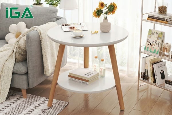 Bàn trà 2 tầng hình tròn chân gỗ