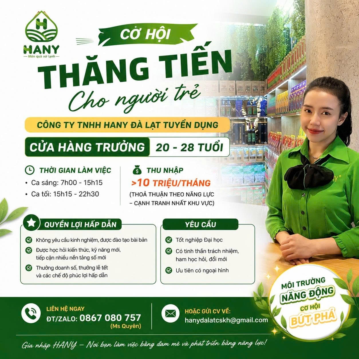 Tuyển dụng Hany Đà Lạt: Việc làm Sale & Content, Lương >10Tr
