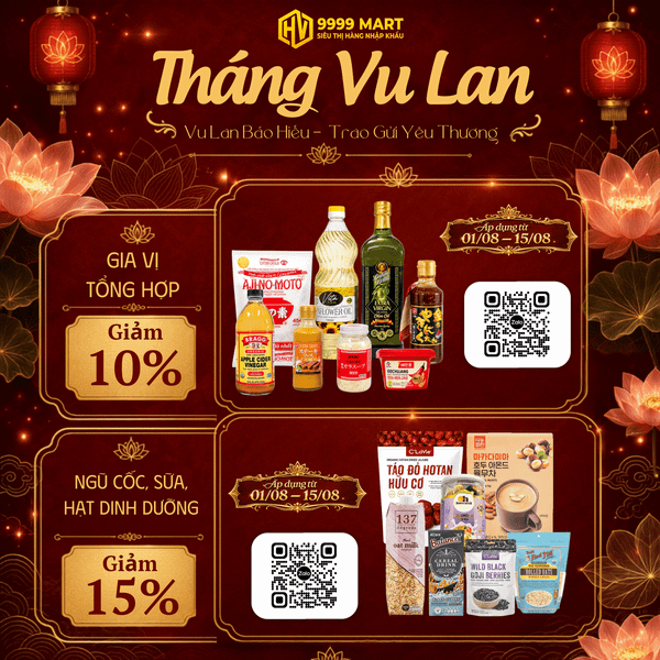 Poster 9999 Mart giảm giá gia vị 10% và ngũ cốc hạt dinh dưỡng 15% từ 01/08 đến 15/08