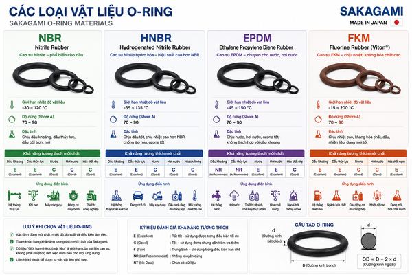 Vật liệu O-Ring Sakagami: NBR, FKM, HNBR, EPDM khác nhau thế nào?