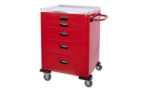 Xe đẩy y tế màu đỏ có nhiều ngăn kéo và tay đẩy