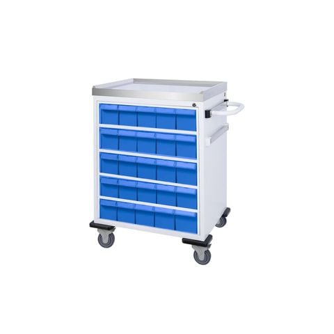 Xe phát thuốc màu trắng có ngăn lưu trữ và bánh xe