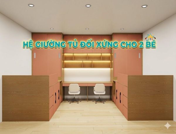 Hệ giường tủ đối xứng cho 2 bé