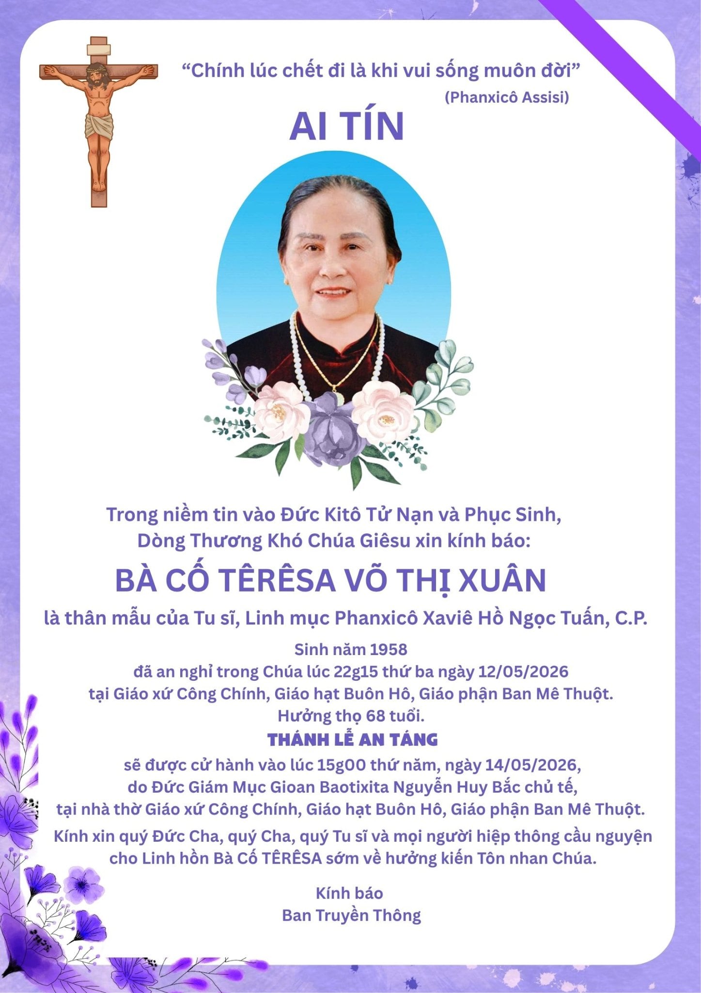 Cáo Phó: Bà Cố Têrêsa Võ Thị Xuân