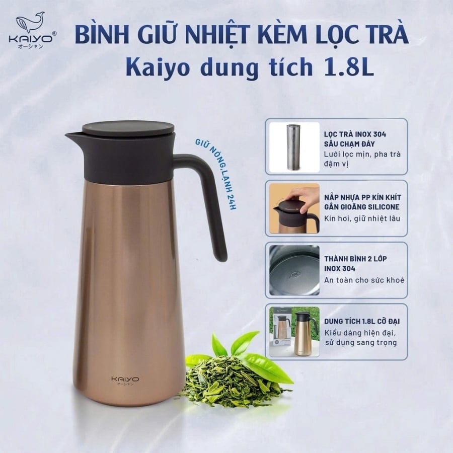 Bình giữ nhiệt kèm lọc trà Kaiyo 1.8L&nbsp;inox 304 size 1.8L Kaiyo được trang bị công nghệ giữ nhiệt chân không hiện đại giúp giữ nhiệt độ nóng/lạnh