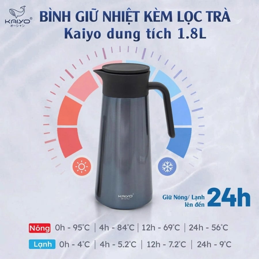 Bình giữ nhiệt kèm lọc trà Kaiyo 1.8L&nbsp;inox 304 size 1.8L Kaiyo được trang bị công nghệ giữ nhiệt chân không hiện đại giúp giữ nhiệt độ nóng/lạnh