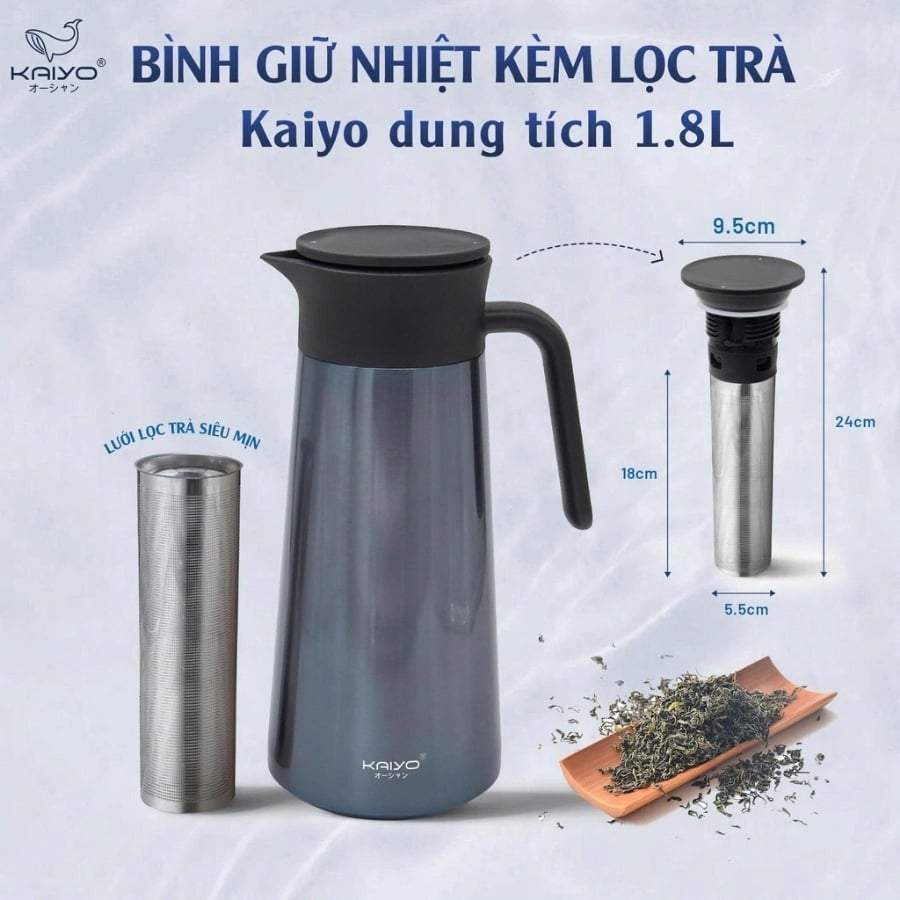 Bình giữ nhiệt kèm lọc trà Kaiyo 1.8L&nbsp;inox 304 size 1.8L Kaiyo được trang bị công nghệ giữ nhiệt chân không hiện đại giúp giữ nhiệt độ nóng/lạnh