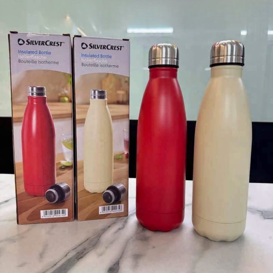 Bình giữ nhiệt Silvercrest 500ml Cách nhiệt hai lớp - giữ nóng (lên đến 18 giờ) và giữ lạnh (lên đến 24 giờ).