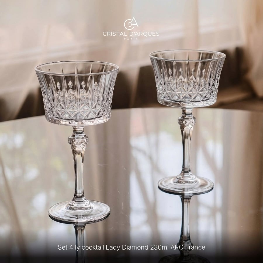 Bộ 4 ly Champagne Cocktail Lady Diamond - Made in France (230 ml, Cao: 18 cm, Đường kính: 9,5 cm) – CD'A Lady Diamond X1718. Tinh xảo, trong suốt hoàn hảo và bền bỉ