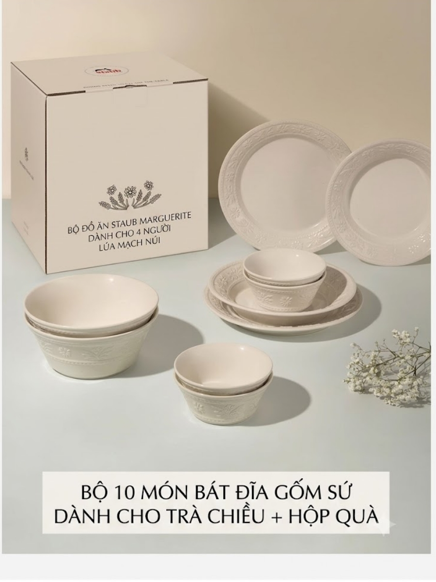 Bộ bát đĩa Staub Margaret 10 món họa tiết dập nổi&nbsp;(màu trắng yến mạch)