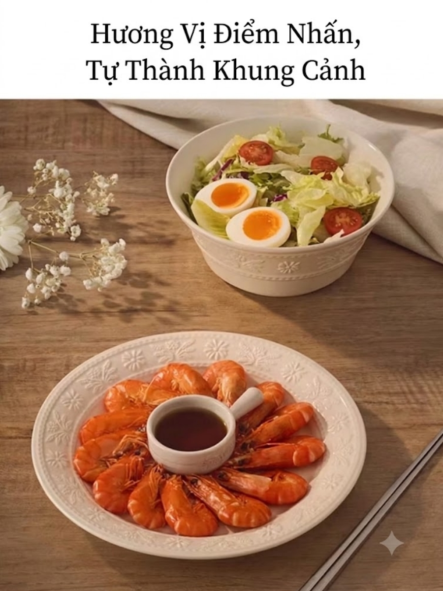 Bộ bát đĩa Staub Margaret 10 món họa tiết dập nổi&nbsp;(màu trắng yến mạch)