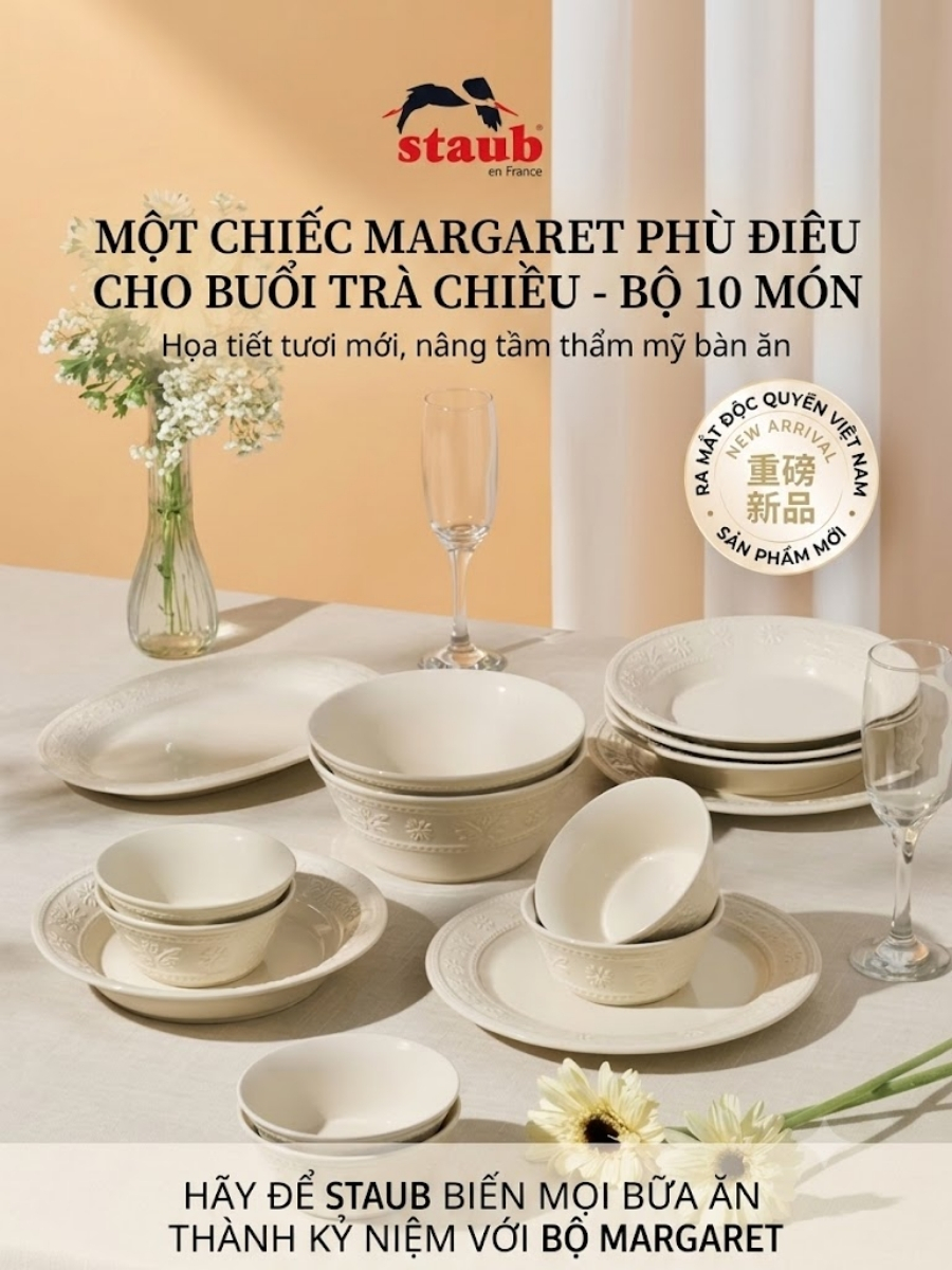 Bộ bát đĩa Staub Margaret 10 món họa tiết dập nổi&nbsp;(màu trắng yến mạch)