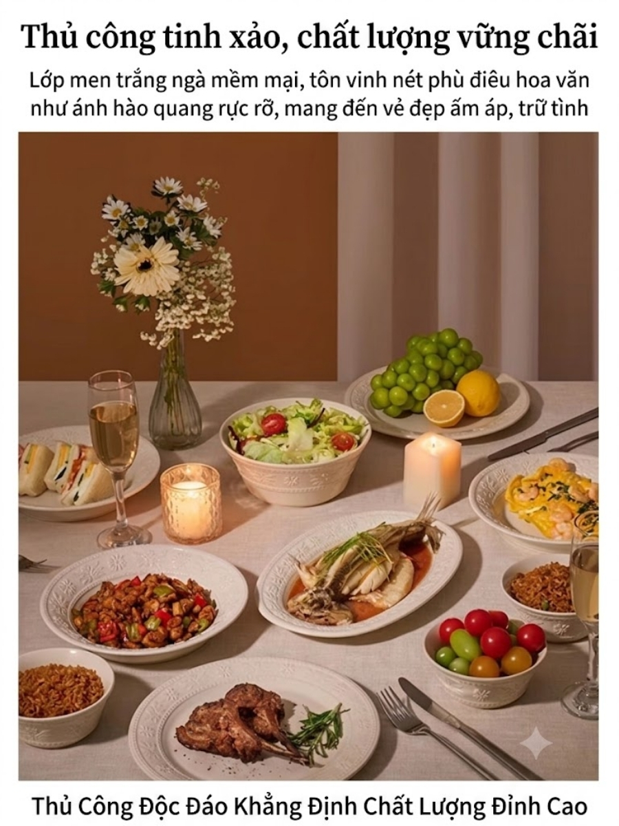 Bộ bát đĩa Staub Margaret 10 món họa tiết dập nổi&nbsp;(màu trắng yến mạch)
