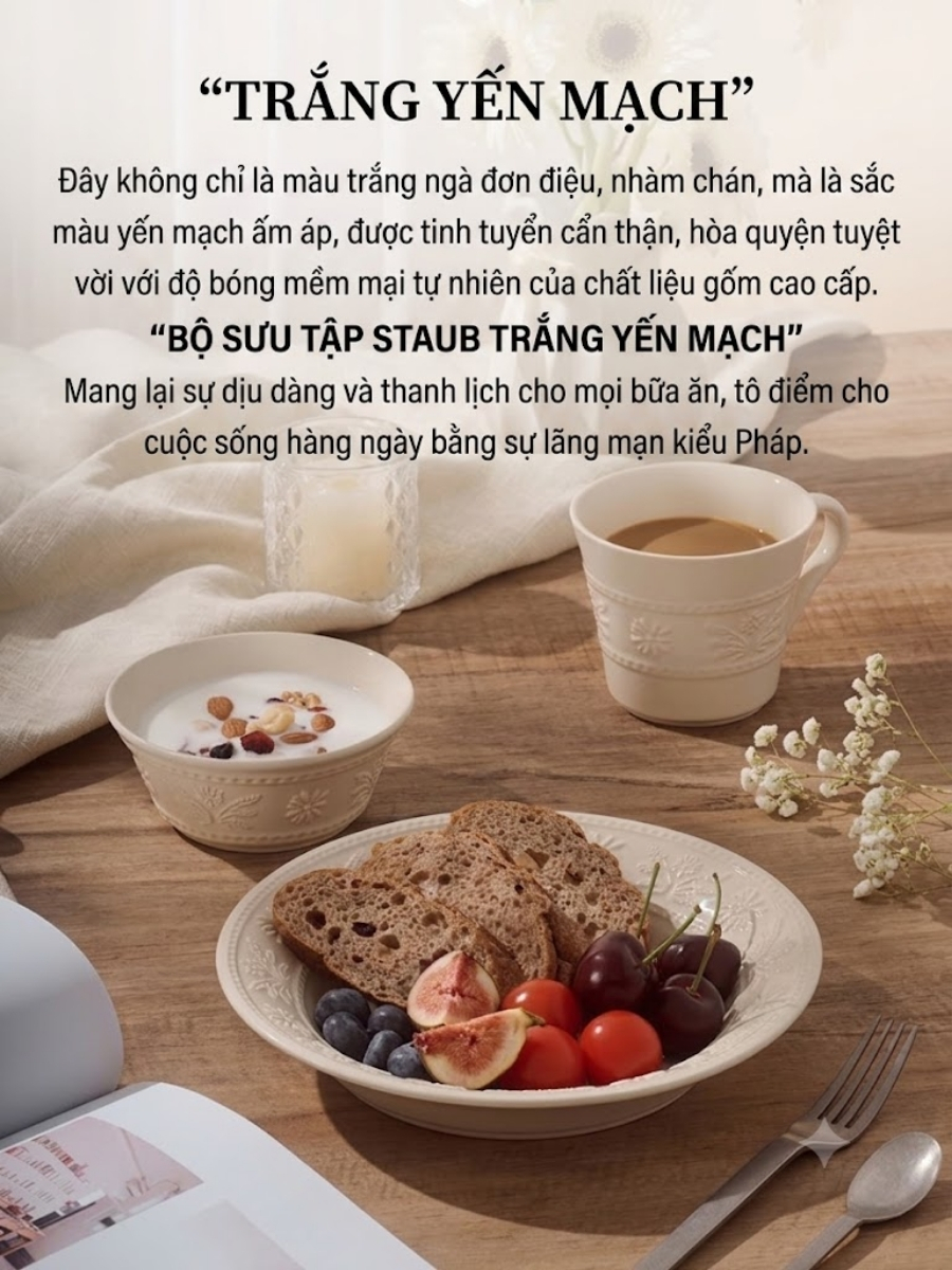 Bộ bát đĩa Staub Margaret 10 món họa tiết dập nổi&nbsp;(màu trắng yến mạch)
