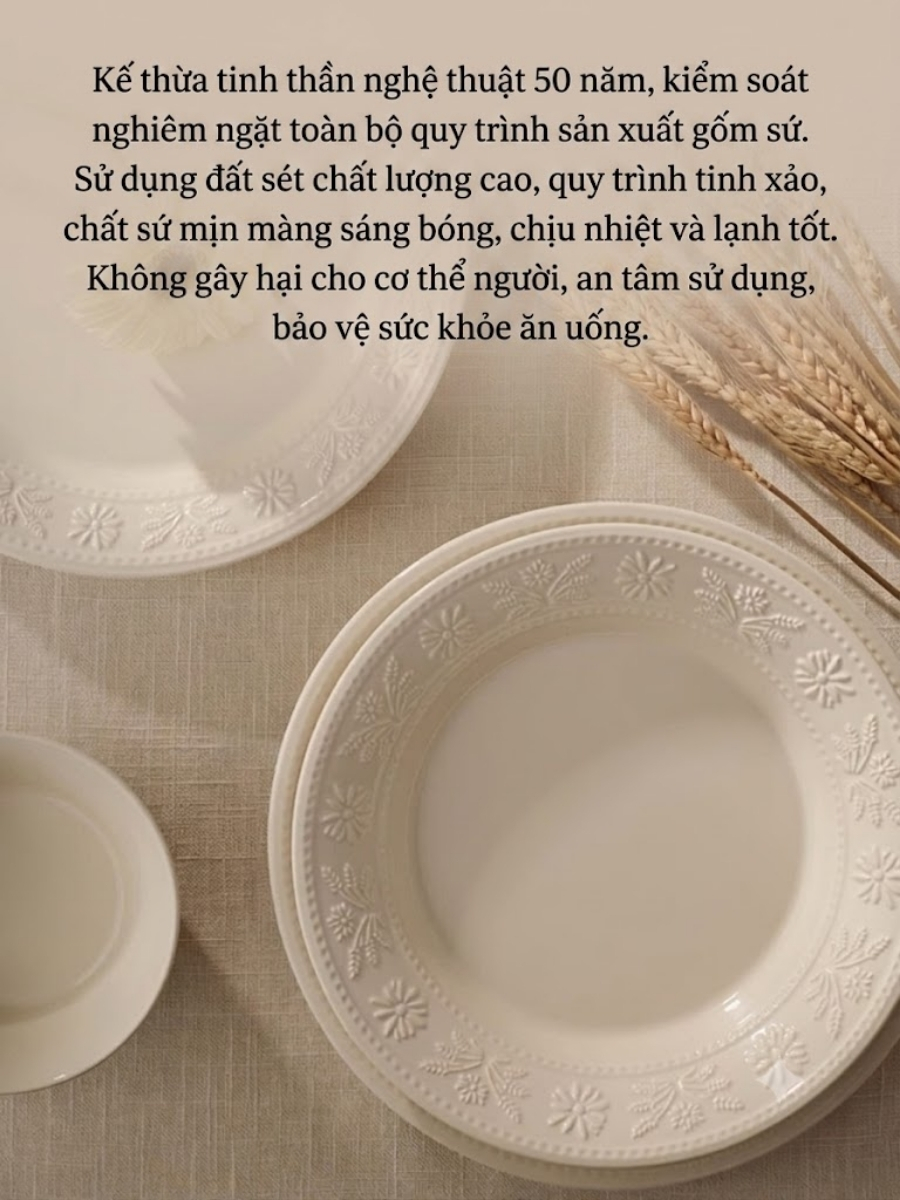 Bộ bát đĩa Staub Margaret 10 món họa tiết dập nổi&nbsp;(màu trắng yến mạch)
