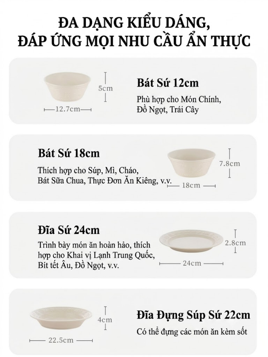Bộ bát đĩa Staub Margaret 10 món họa tiết dập nổi&nbsp;(màu trắng yến mạch)