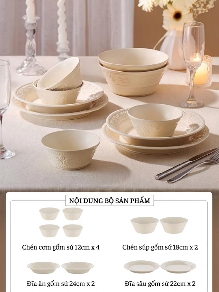 Bộ bát đĩa Staub Margaret 10 món họa tiết dập nổi&nbsp;(màu trắng yến mạch)