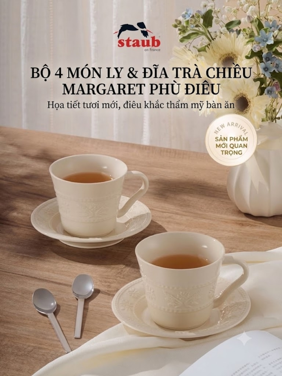 Bộ cốc chén Staub Margaret 4 món hoa Daisy Bộ trà chiều lãng mạn mới ra mắt Thiết kế hoa cúc tươi tắn Bánh ngọt, cà phê và trà được đóng gói đẹp mắt