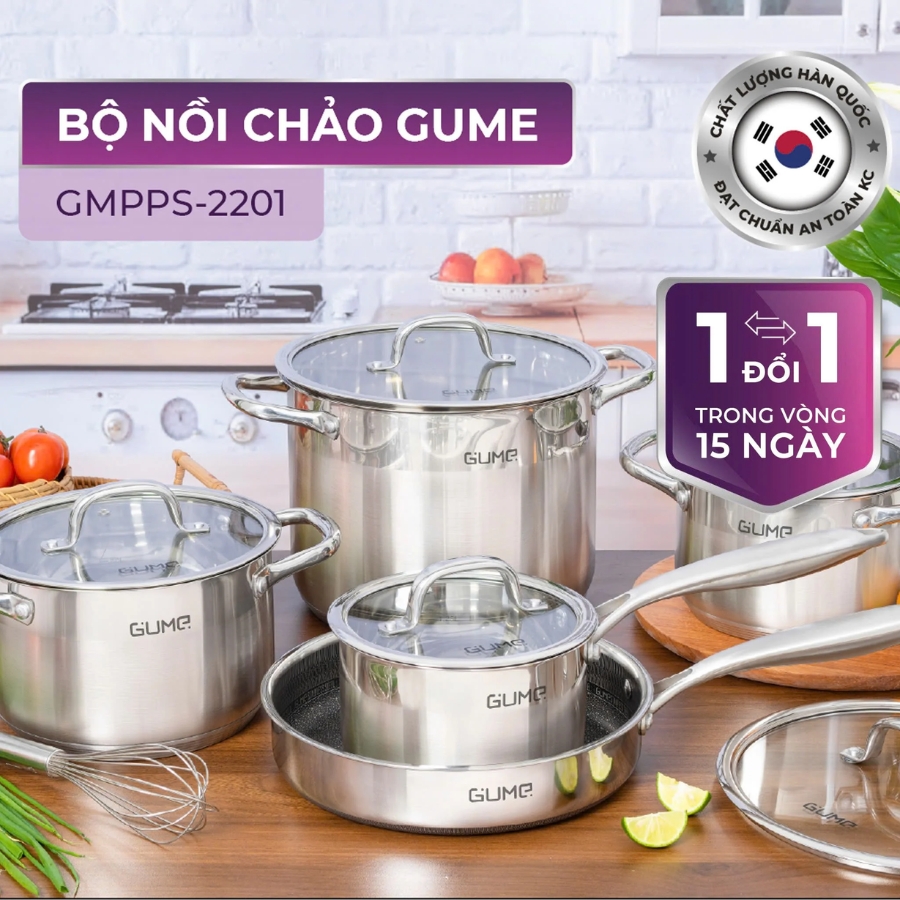 Bộ nồi chảo inox đáy 5 lớp GUME GMPPS-2201 đầy đủ 5 món cao cấp cho mọi loại bếp