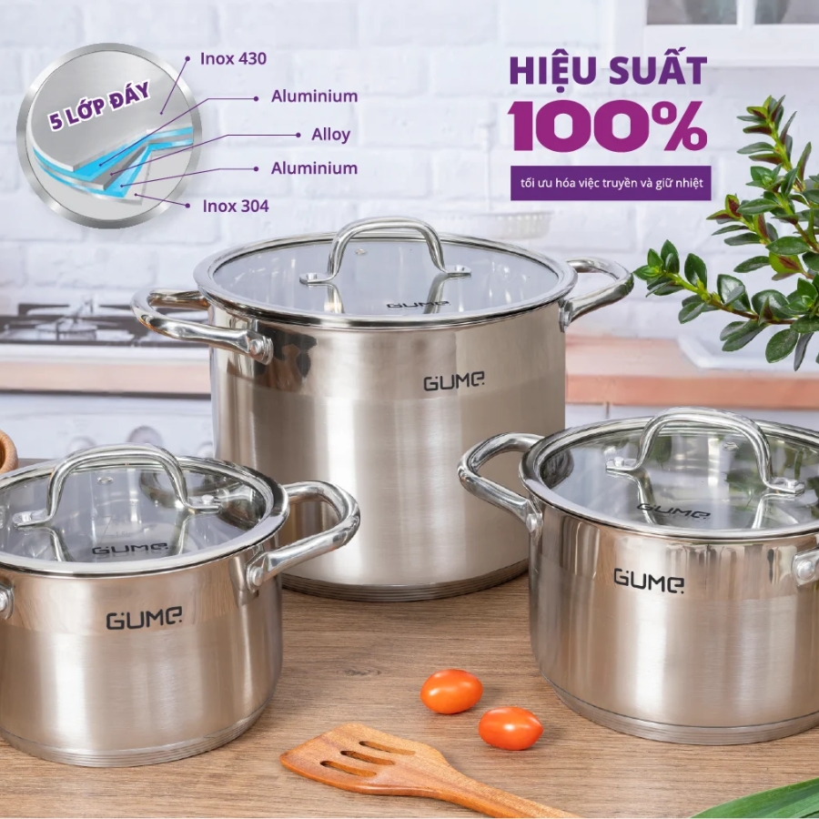 Bộ nồi inox GUME GMPPS-2201 đáy 5 lớp truyền nhiệt nhanh giữ nhiệt hiệu quả