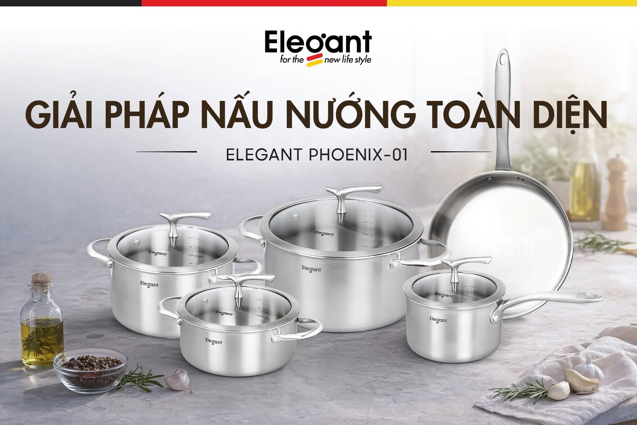 Bộ nồi Elegant Phoenix 5 món -&nbsp;3 nồi, 1 quánh, 1 chảo inox Đáy 3 lớp truyền nhiệt nhanh, tỏa nhiệt đều, giúp tiết kiệm gas và điện.