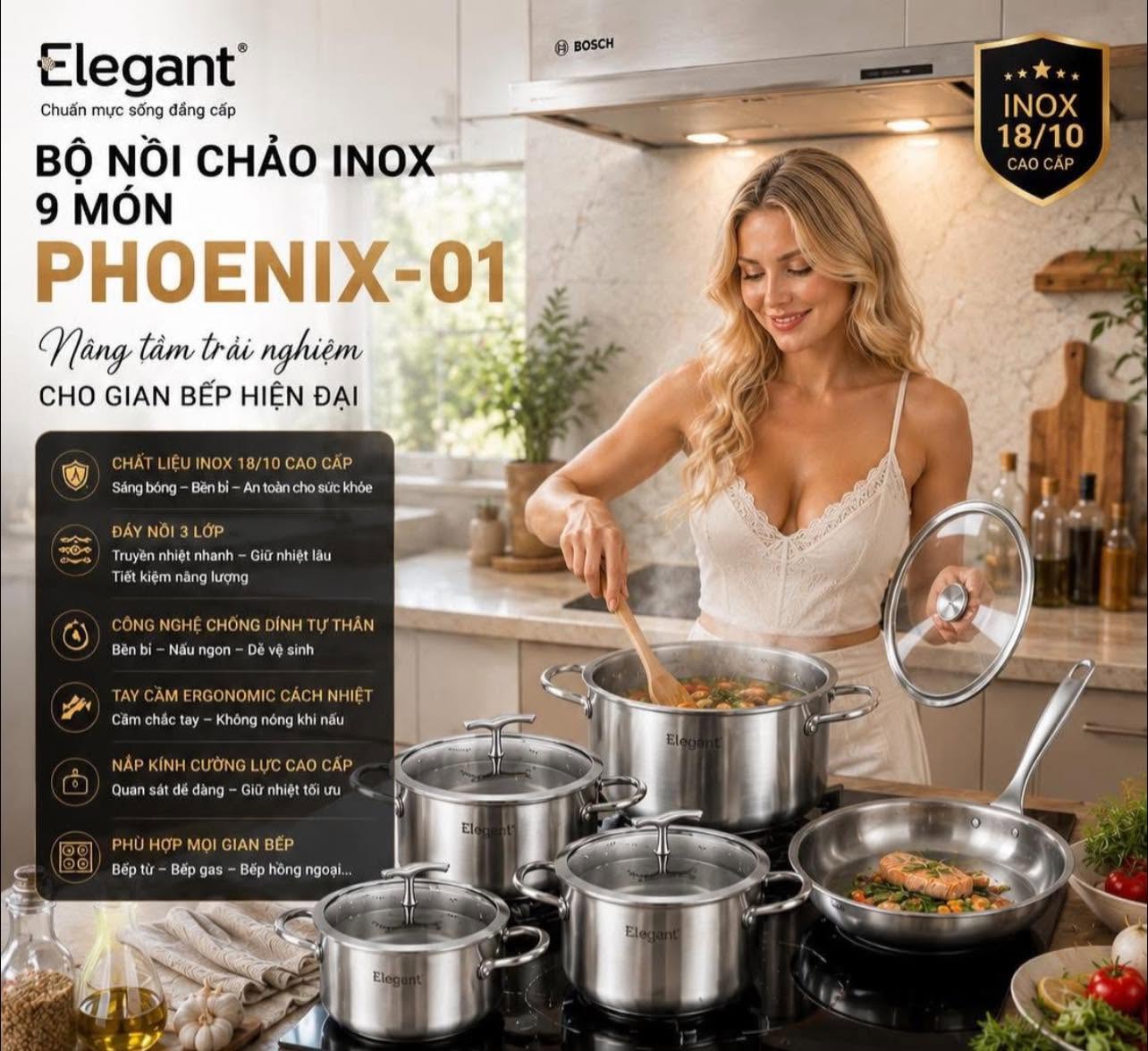 Bộ nồi Elegant Phoenix 5 món -&nbsp;3 nồi, 1 quánh, 1 chảo inox Đáy 3 lớp truyền nhiệt nhanh, tỏa nhiệt đều, giúp tiết kiệm gas và điện.