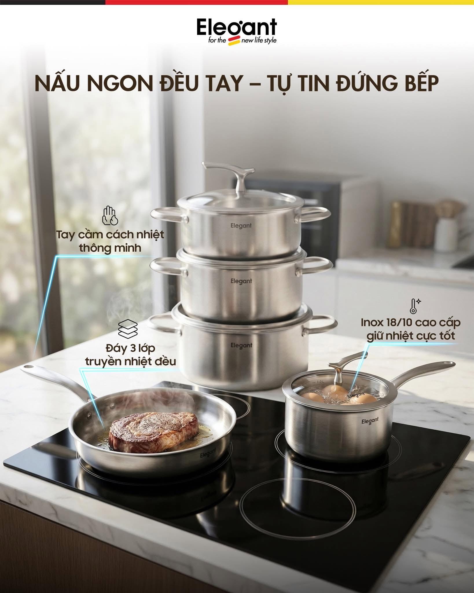 Bộ nồi Elegant Phoenix 5 món -&nbsp;3 nồi, 1 quánh, 1 chảo inox Đáy 3 lớp truyền nhiệt nhanh, tỏa nhiệt đều, giúp tiết kiệm gas và điện.