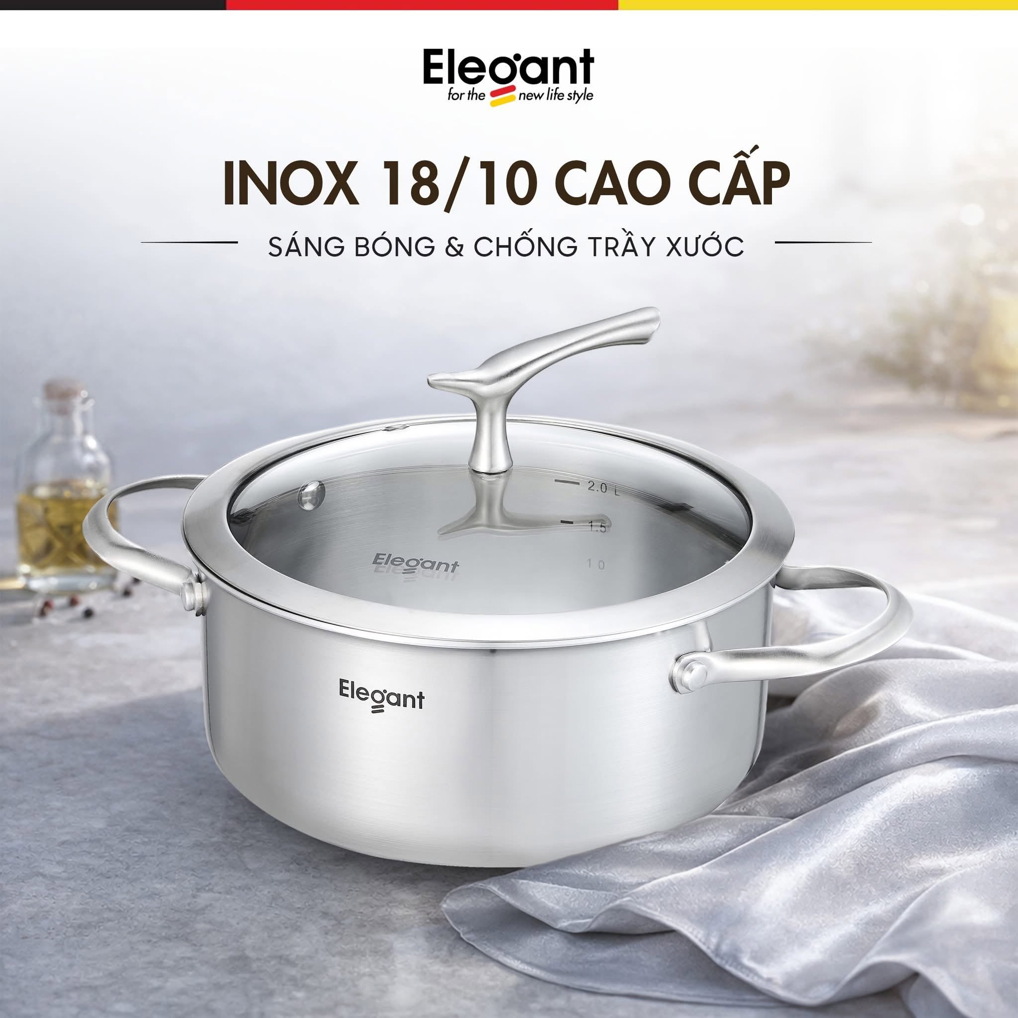 Bộ nồi Elegant Phoenix 5 món -&nbsp;3 nồi, 1 quánh, 1 chảo inox Đáy 3 lớp truyền nhiệt nhanh, tỏa nhiệt đều, giúp tiết kiệm gas và điện.