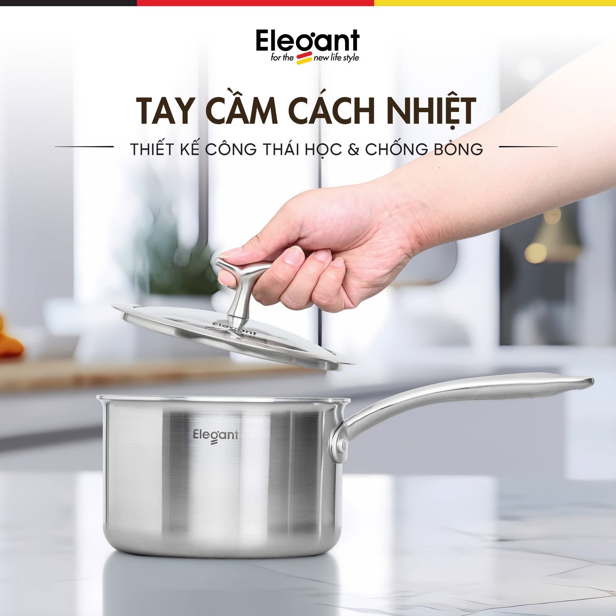 Bộ nồi Elegant Phoenix 5 món -&nbsp;3 nồi, 1 quánh, 1 chảo inox Đáy 3 lớp truyền nhiệt nhanh, tỏa nhiệt đều, giúp tiết kiệm gas và điện.