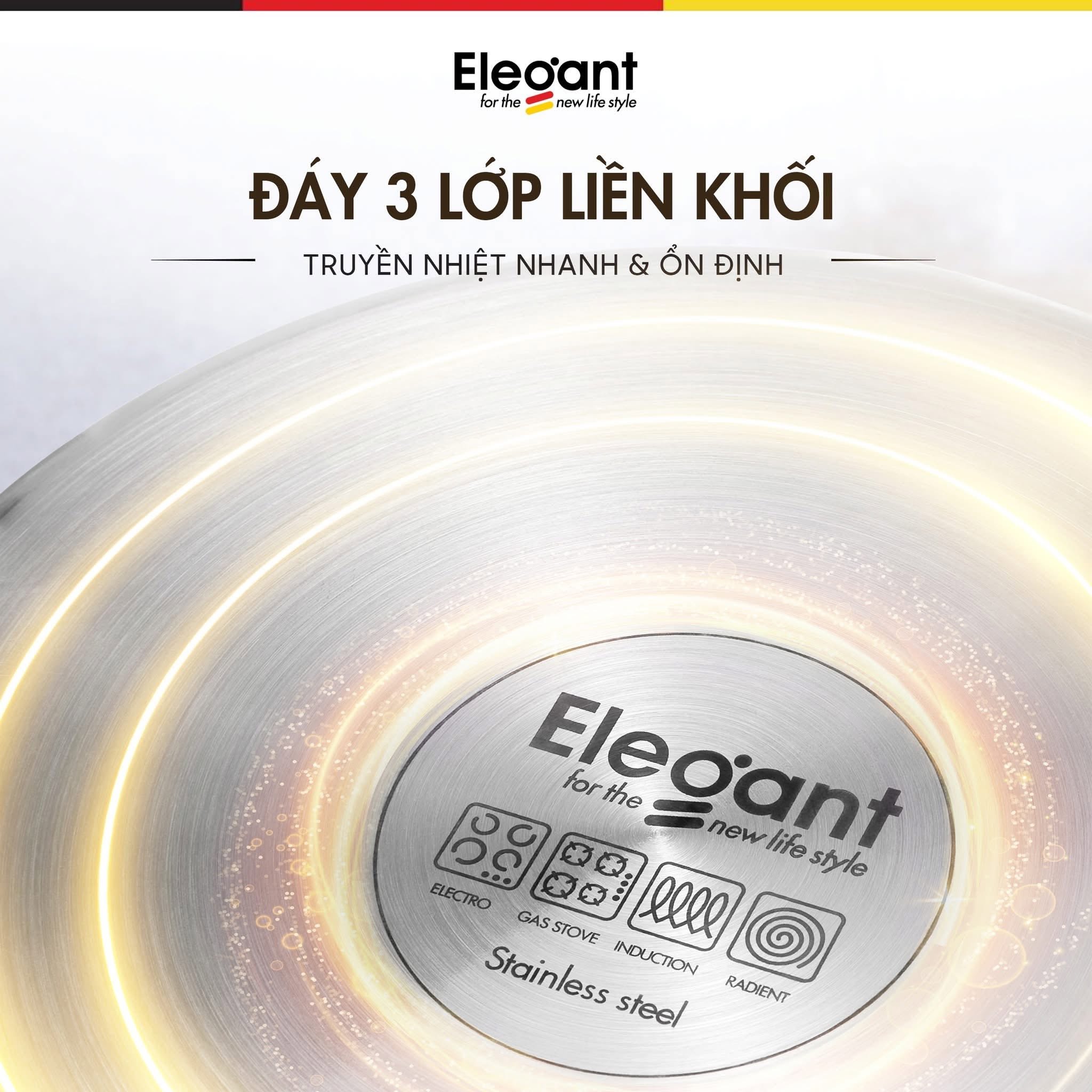 Bộ nồi Elegant Phoenix 5 món -&nbsp;3 nồi, 1 quánh, 1 chảo inox Đáy 3 lớp truyền nhiệt nhanh, tỏa nhiệt đều, giúp tiết kiệm gas và điện.