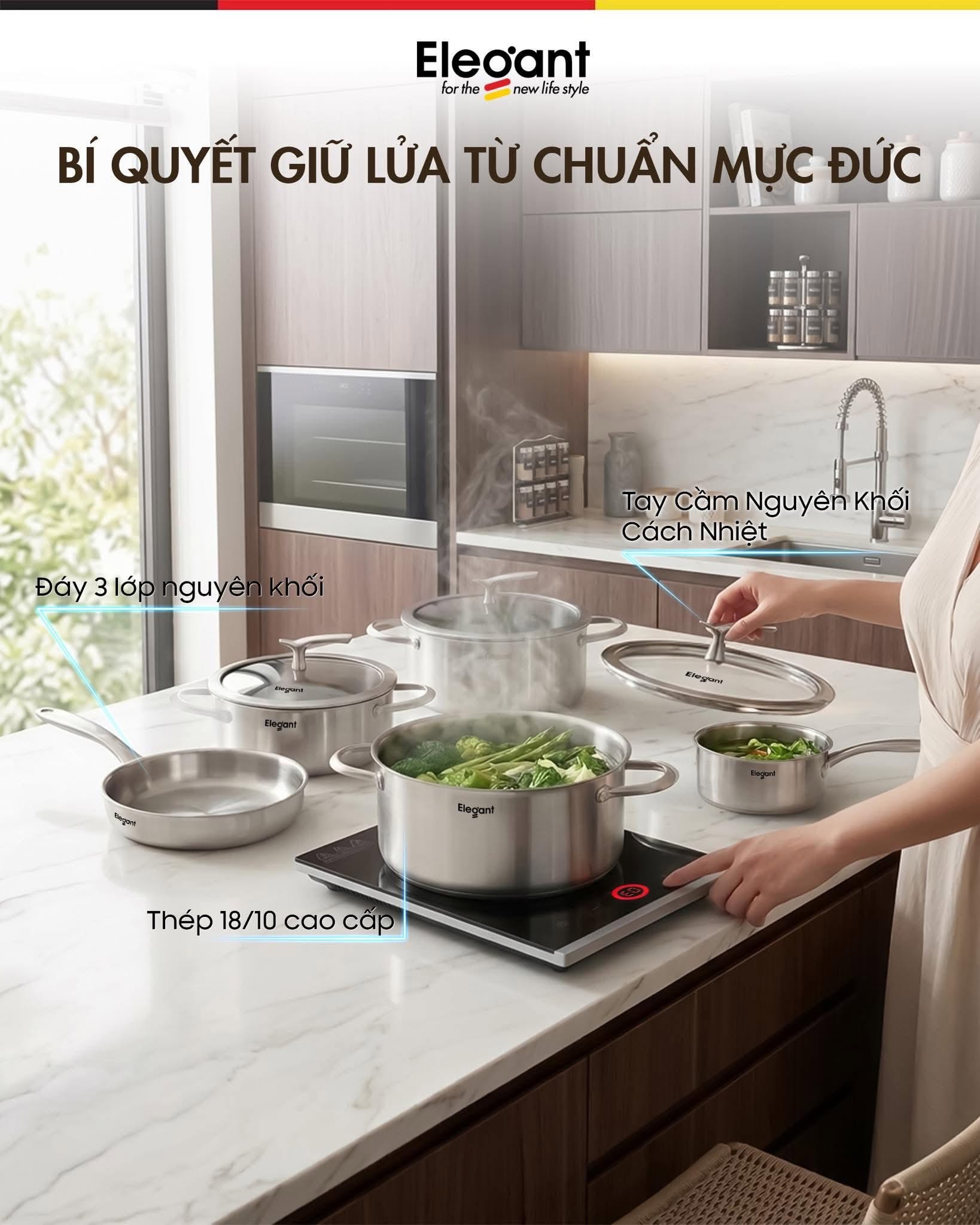 Bộ nồi Elegant Phoenix 5 món -&nbsp;3 nồi, 1 quánh, 1 chảo inox Đáy 3 lớp truyền nhiệt nhanh, tỏa nhiệt đều, giúp tiết kiệm gas và điện.