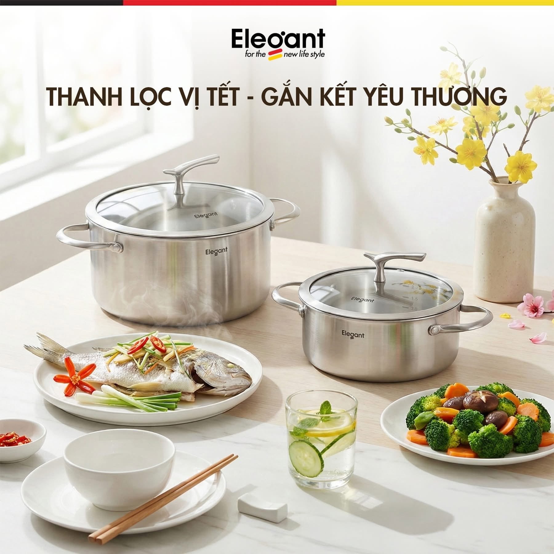 Bộ nồi Elegant Phoenix 5 món -&nbsp;3 nồi, 1 quánh, 1 chảo inox Đáy 3 lớp truyền nhiệt nhanh, tỏa nhiệt đều, giúp tiết kiệm gas và điện.