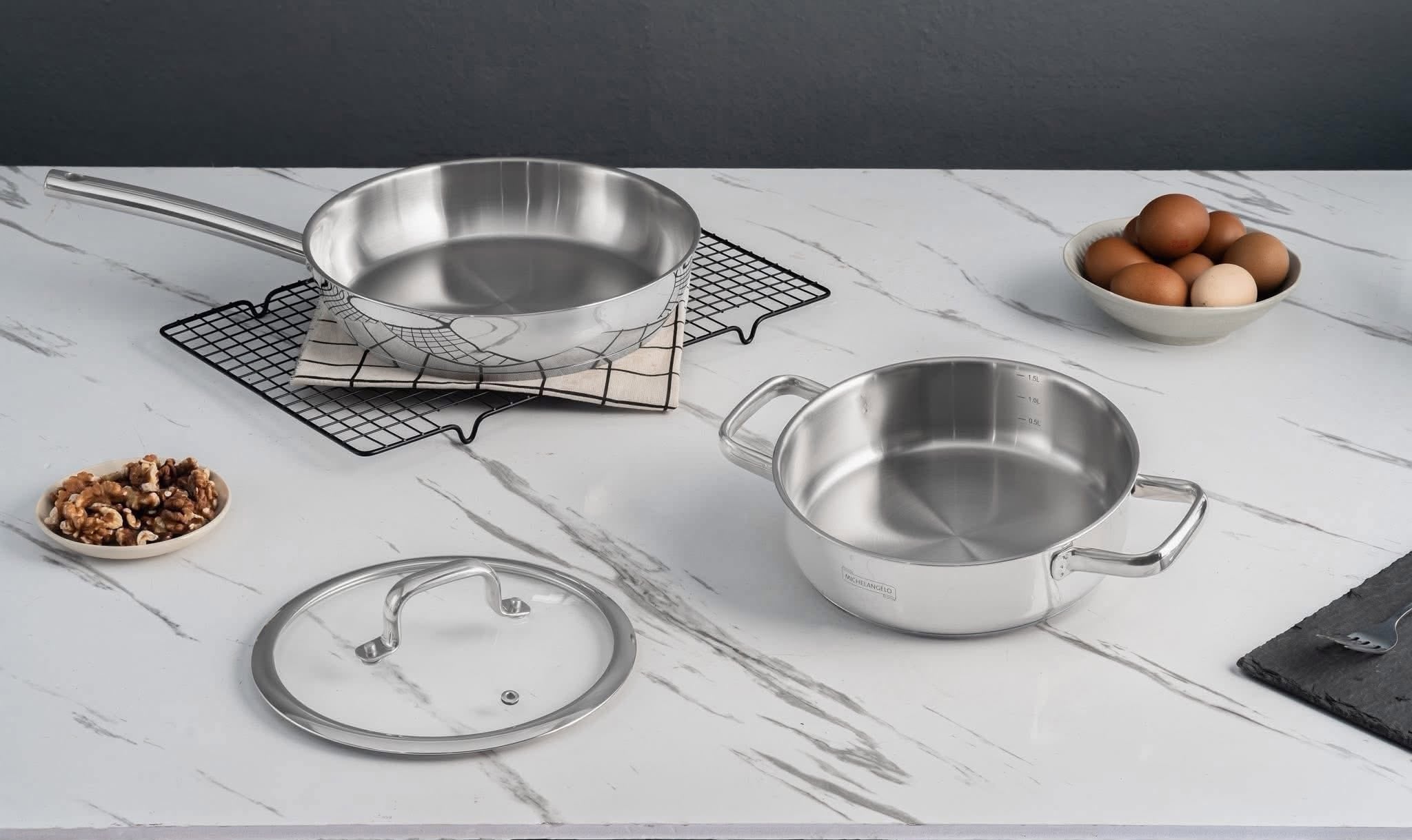 Bộ nồi Michelangelo Cook 4U 5 món bằng inox cao cấp gồm nồi, chảo và nắp kính