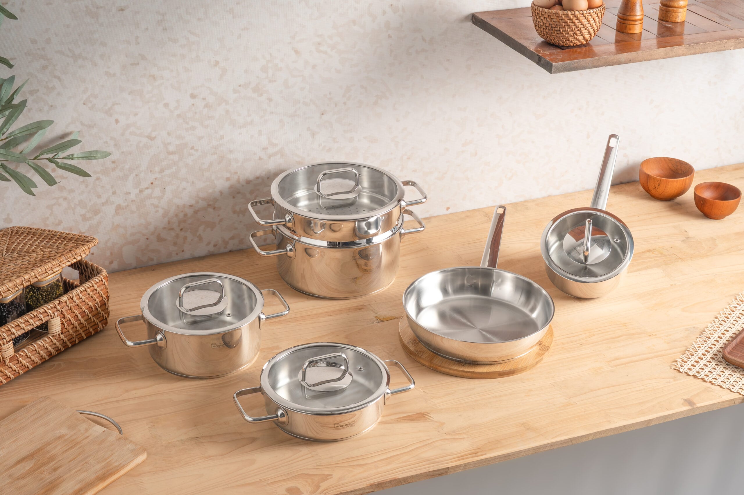 Bộ nồi Michelangelo Euroshine 6 món nắp kính thiết kế sang trọng phù hợp mọi loại bếp