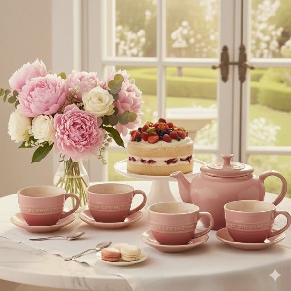 Bộ trà Le Creuset 9 món (4 tách chén, 1 ấm)&nbsp;chịu nhiệt và chịu lạnh, an toàn khi sử dụng trong lò vi sóng và máy rửa chén.