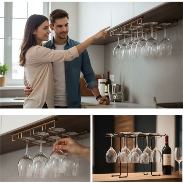 Hình ảnh minh họa các kiểu giá đựng ly rượu vang phổ biến trong không gian bếp và quầy bar tại gia