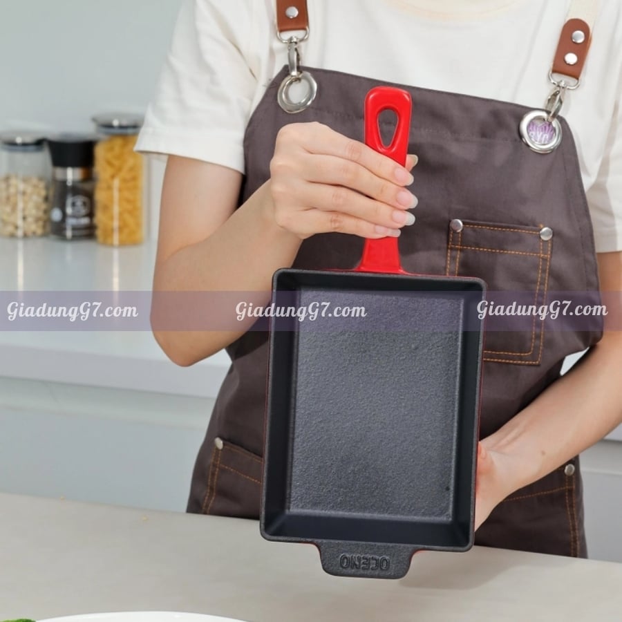 chảo gang Oceno hình chữ nhật 14x18cm phủ men gốm nhám