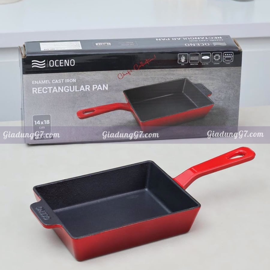 chảo gang Oceno hình chữ nhật 14x18cm có màu đỏ và phù hợp với mọi căn bếp