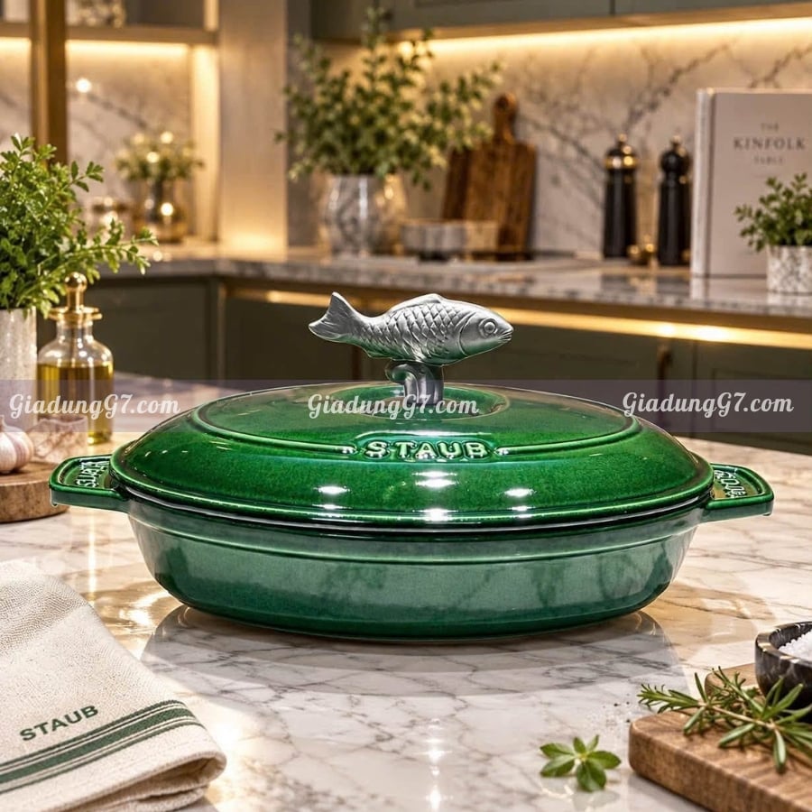 Chảo gang Staub 23cm màu xanh lá húng quế và bộ dụng cụ nấu ăn bằng gang tráng men cho mùa lễ hội thu/đông!